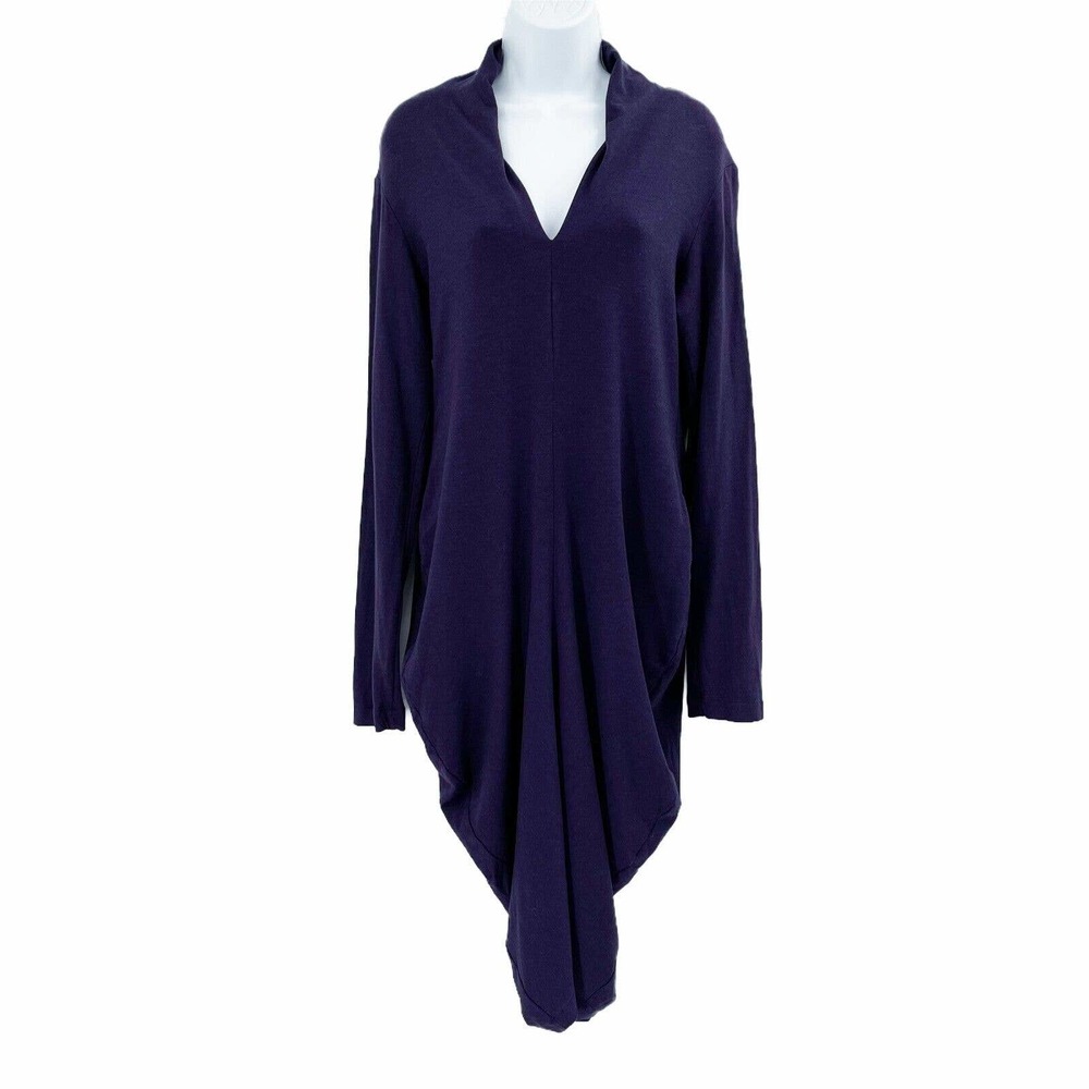 Veronique Miljkovitch Draped Dress Sz M Blue Bamboo V-Neck Knee Length Lagenlook